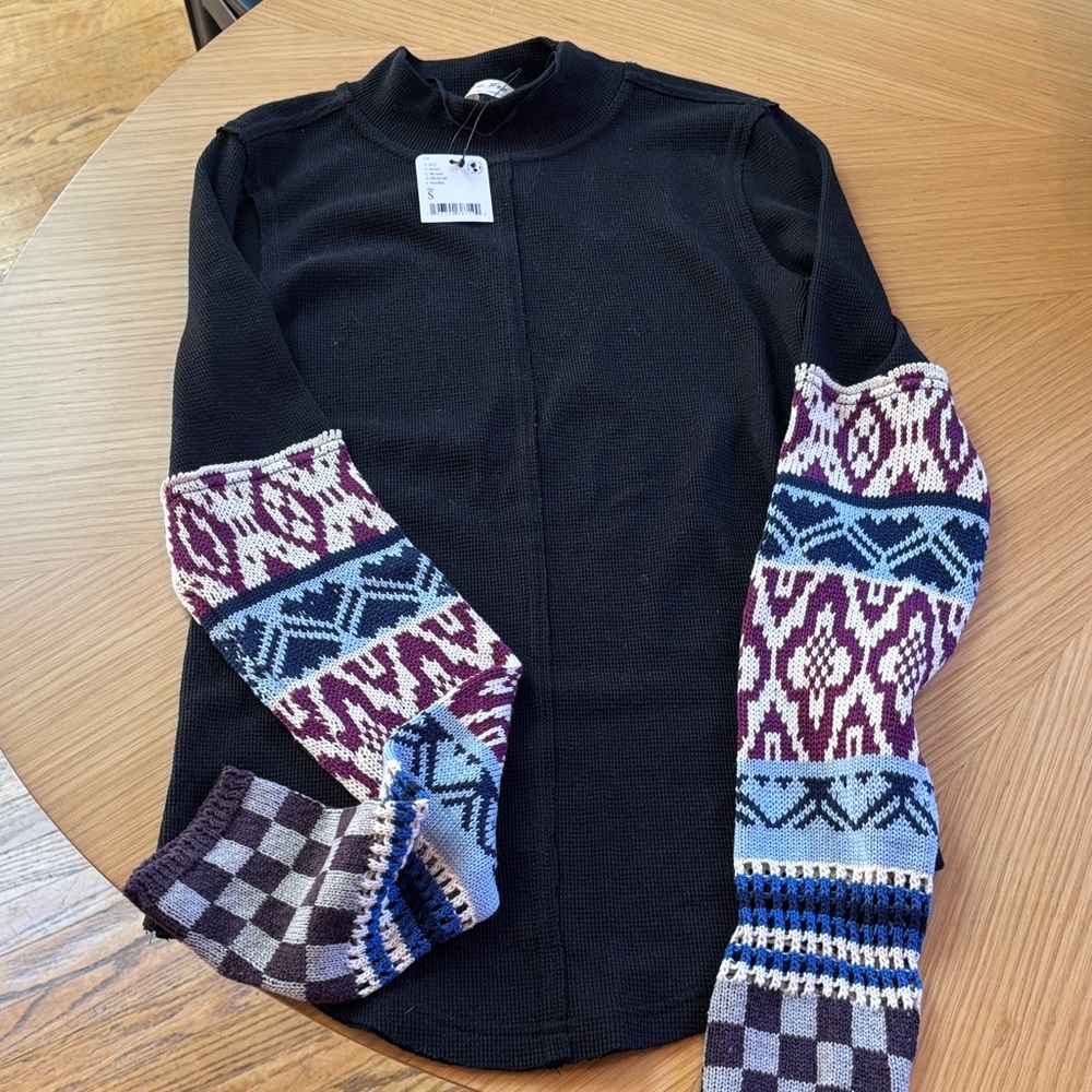 Free People Black Sweater with Geometric Sleeves